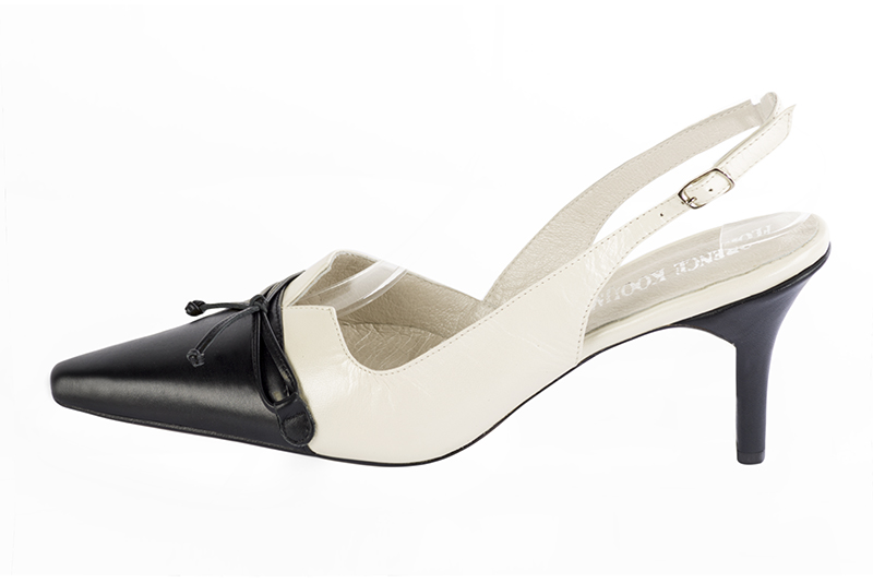 Satin black and off white women's open back shoes, with a knot. Tapered toe. High slim heel. Profile view - Florence KOOIJMAN
